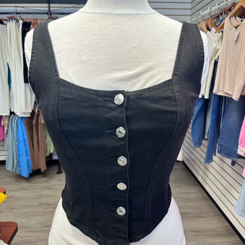 Black Denim Stretch Corset Western Top with Button Closure